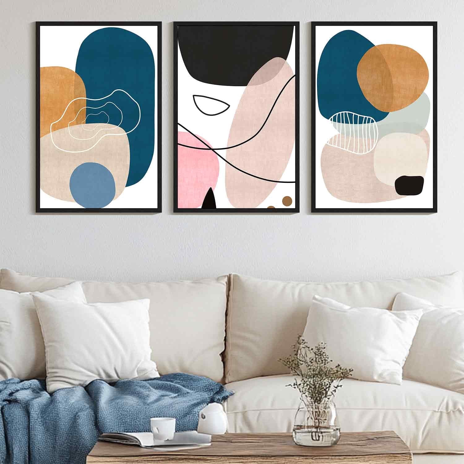 SHENIFY Large 24x36in3pcs Black Framed Modern Abstract Wall Art Color Blocks Artwork Home Decor for Bedroom Dining Room