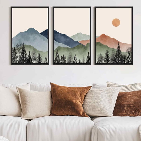SHENIFY Large 24x36in3pcs Black Framed Vintage Mountain Wall Art Watercolor Nature Boho Sun Rise Paints Farmhouse Rustic Room Decor Ready to Hang