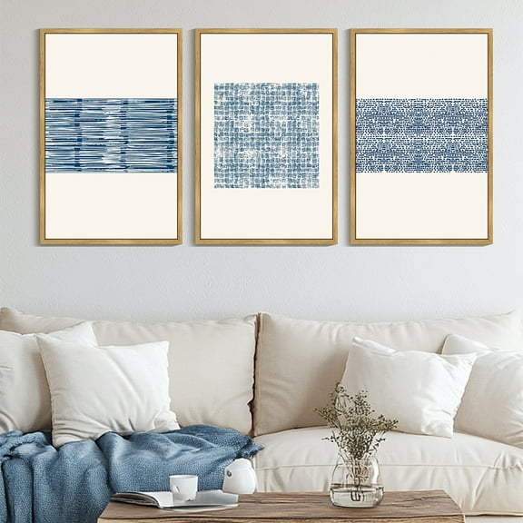 SHENIFY Large 24x36in3pcs Natural Framed Abstract Boho Art Framed Wood Blue White Grunge Geometric Wall Decor Minimalist Bohemian Bedroom Decor Canvas Prints
