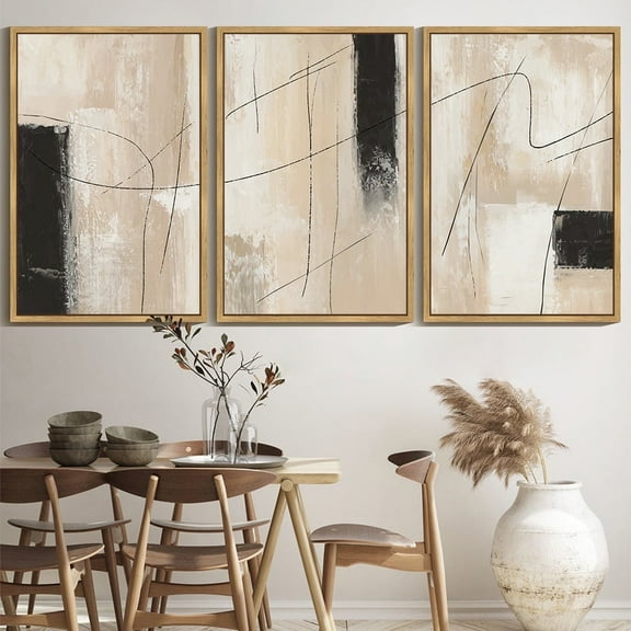 SHENIFY Large 24x36in3pcs Natural Framed Abstract Wall Art Black Lines Shapes Abstract Illustrations Modern Minimalist Painting Decorative Artwork for Living Room Bedroom