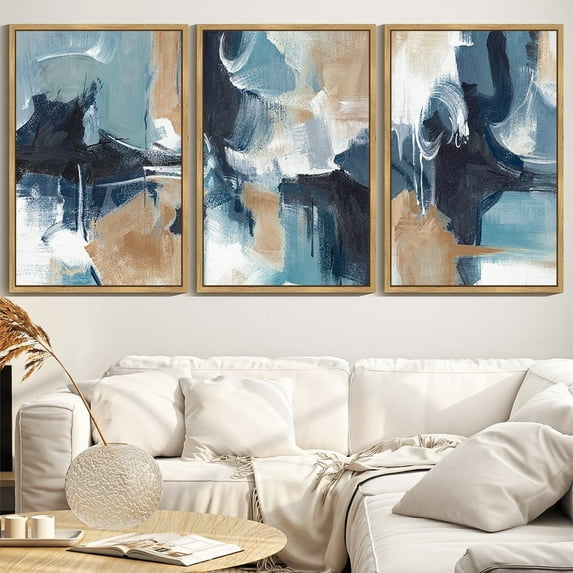 SHENIFY Large 24x36in3pcs Natural Framed Abstract Wall Art Blue Gray White Modern Minimalist Painting Decor Graffiti Artwork