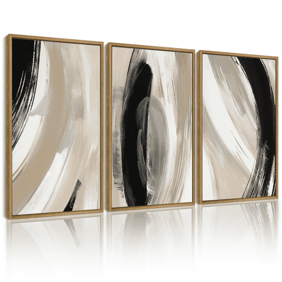 SHENIFY Large 24x36in3pcs Natural Framed Abstract Wall Art Ink Wash Shapes Abstract Illustrations Modern Minimalist Painting Decorative Artwork for Living Room Bedroom