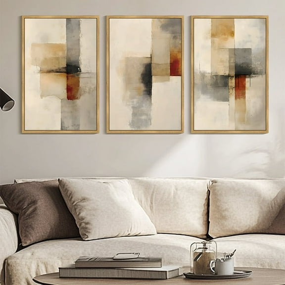 SHENIFY Large 24x36in3pcs Natural Framed Abstract Wall Art Minimalist Beige Gray Red Pastel Watercolor Decor Artwork Prints Rustic farmhouse Home Office