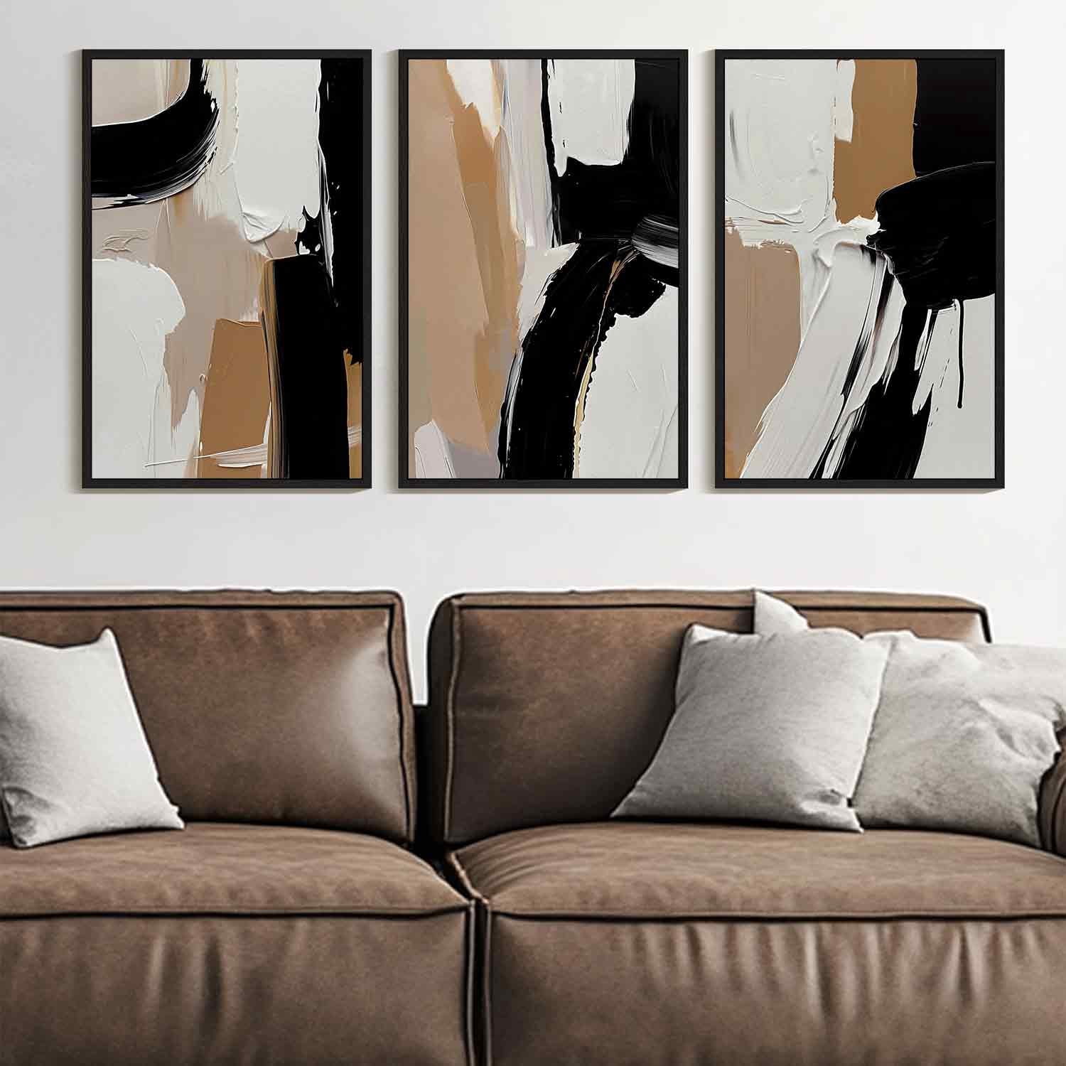 SHENIFY Large 24x36in3pcs Natural Framed Black Abstract Shapes Canvas Wall Art Minimalist Graffiti Pastel Wall Decor Modern Illustration Art Painting Home Decor