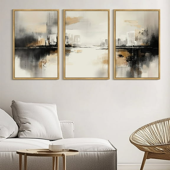 SHENIFY Large 24x36in3pcs Natural Framed Black Gray Abstract Landscape Wall Art Brown Tan Neutral Minimalist Modern Decor Artwork Prints Rustic Hallway Bedroom