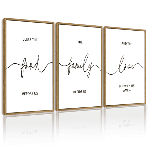 SHENIFY Large 24x36in3pcs Natural Framed Bless The Food Before Us Sign Kitchen Wall Decor for Dining Room Farmhouse Wall Art Hanging Decoration