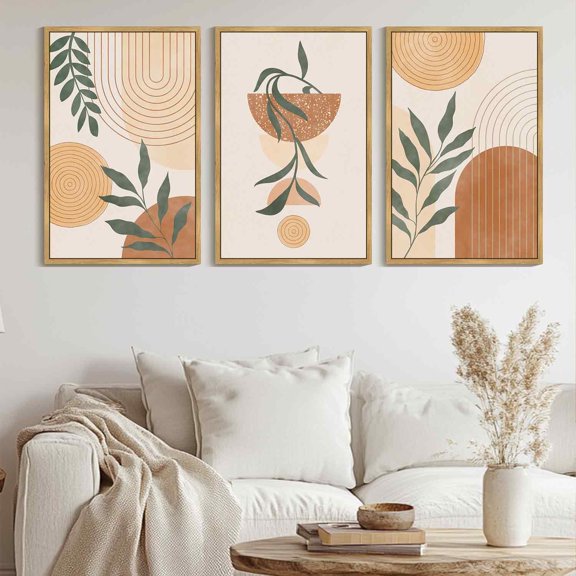 SHENIFY Large 24x36in3pcs Natural Framed Boho Wall Art Botanical Mid Century Modern Wall Printing Neutral Abstract Geometric Prints Bohemain Sage Decor for Farmhouse Living Dining Room
