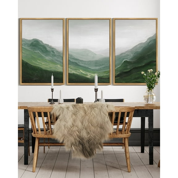 SHENIFY Large 24x36in3pcs Natural Framed Fog Pine Green Tree Forest Canvas Wall Art Nordic Nature Modern Mountain Artwork Prints Decor