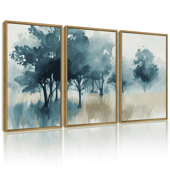 SHENIFY Large 24x36in3pcs Natural Framed Landscape Wall Art Set Watercolor Ink Wash Tree Forest Nature Scenry Tie-dyed Wilderness Farmhouse Rustic Modern Art Decorative