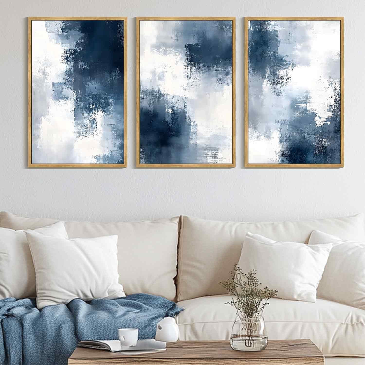 SHENIFY Large 24x36in3pcs Natural Framed Navy Blue Abstract Wall Art Neutral Brush Strokes Block Shape Mid Century Art Prints Minimalist Modern Illustrations Bedroom Hallway