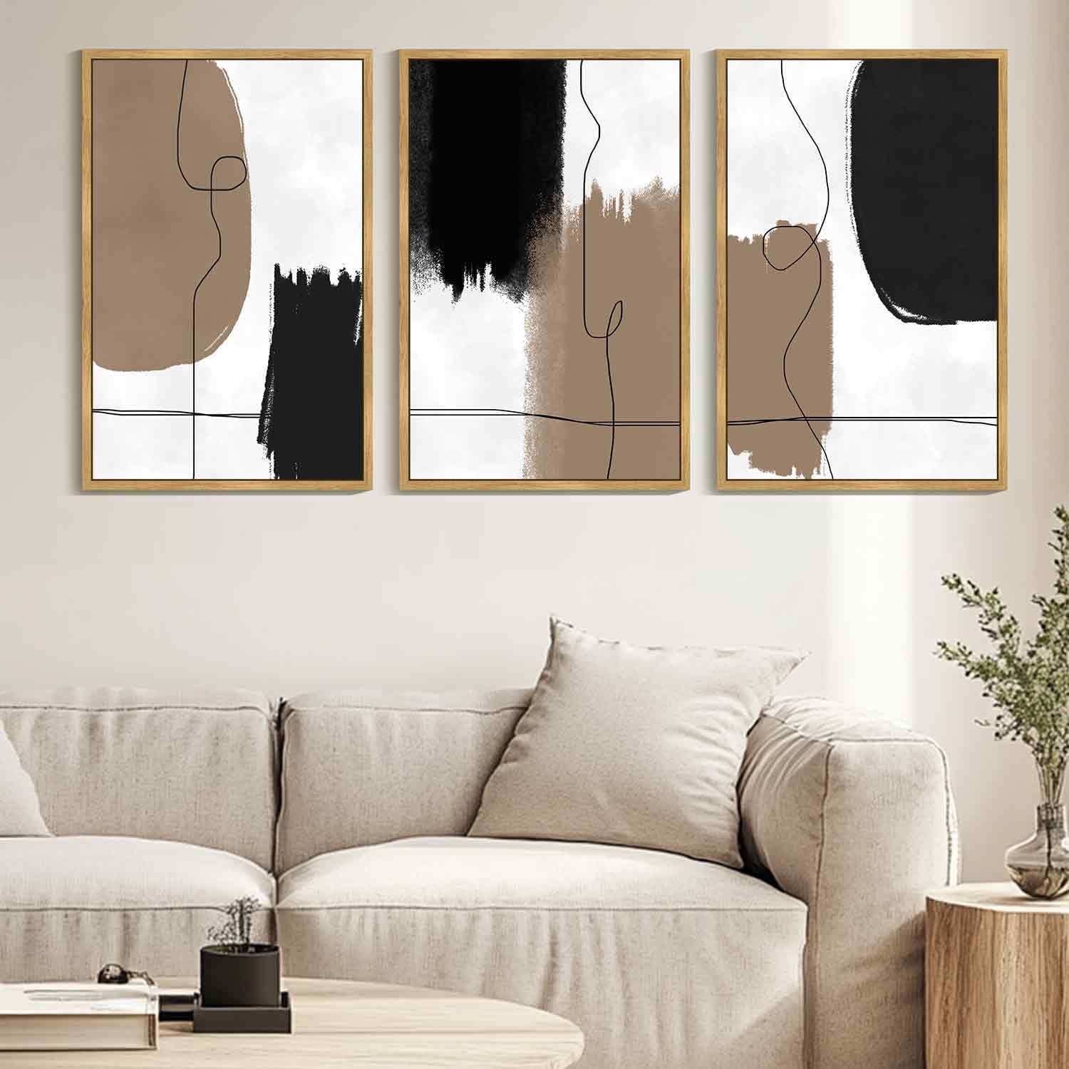 SHENIFY Large 24x36in3pcs Natural Framed Neutral Abstract Wall Art Beige Mid Century Textured Wall Decor Minimalist Line Modern Illustrations Art Print Home Decor