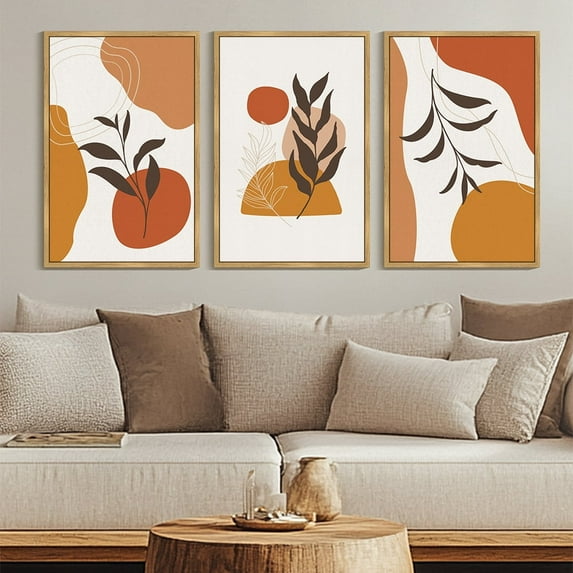 SHENIFY Large 24x36in3pcs Natural Framed Orange Boho Wall Art Botanical Mid Century Modern Painting Neutral Bohemain Sage Decor Artwork Prints Rustic Living Room Home Office
