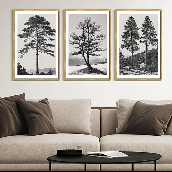 SHENIFY Large 24x36in3pcs Natural Framed Vintage Black Gray Forest Wall Art Antique Retro Tree Modern Decor Artwork Prints Rustic farmhouse Bedroom