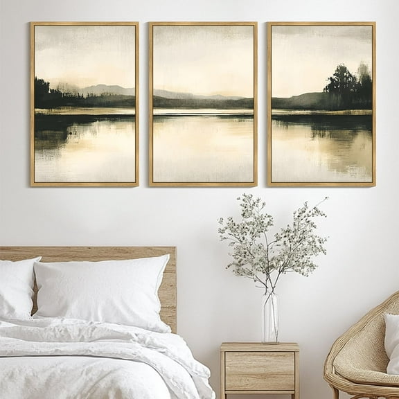 SHENIFY Large 24x36in3pcs Natural Framed Watercolor Abstract Mountain Lake Wall Art Brown Landscape Nature Wilderness Decor Artwork Prints Rustic farmhouse Bedroom