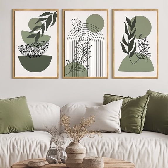 SHENIFY Large 24x36in3pcs Neutral Framed Green Boho Wall Art Botanical Sage Wall Decor Geometric Artwork for Living Room Bedroom