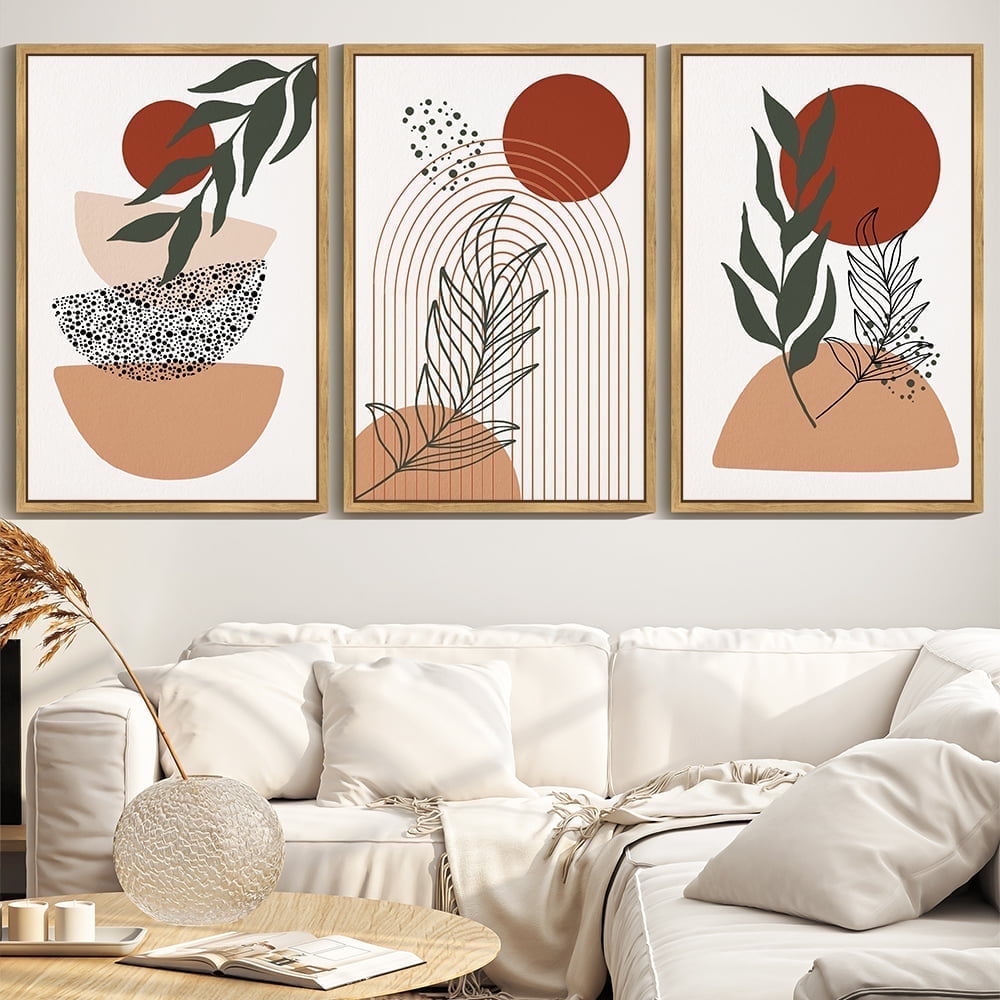 SHENIFY Large Boho Wall Art Prints Abstract Decor Mid Century Modern Geometric Canvas Prints Artwork - 24x36in3pcs Natural Framed