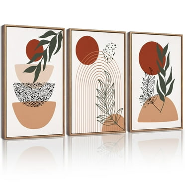 SHENIFY Large Boho Wall Art Prints Abstract Decor Mid Century Modern Geometric Canvas Prints Artwork - 24x36in3pcs Natural Framed