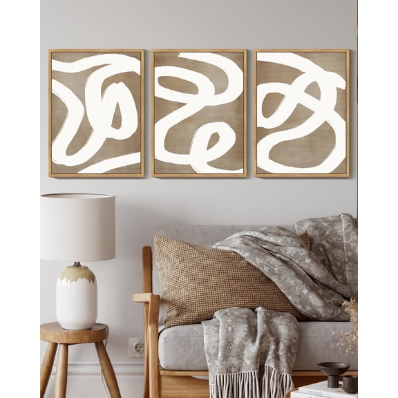 SHENIFY Mid-Century Duotone Minimal Dark Brush Stroke Boho Abstract Wall Art Neutral Modern Minimalist Painting Decorative Artwork 11x14in3pcs Natural Framed