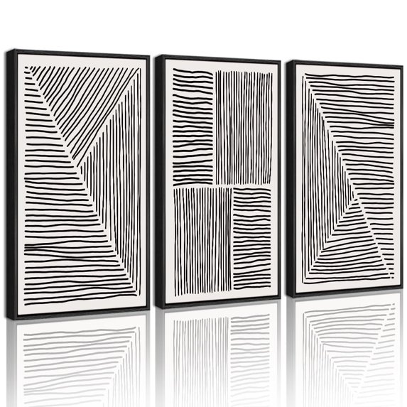 SHENIFY Mid-Century Modern Wall Art 16x24in3pcs Black Framed Minimalist Abstract Boho Black Line Wall Decor Geometric Artwork Kitchen Dining Room
