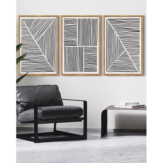 SHENIFY Mid-Century Modern Wall Art 16x24in3pcs Natural Framed Minimalist Abstract Boho Black Line Wall Decor Geometric Artwork Kitchen Dining Room