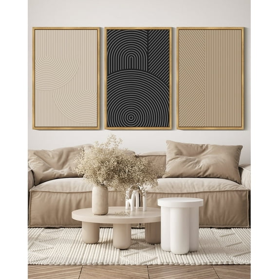 SHENIFY Mid-Century Modern Wall Art 16x24in3pcs Natural Framed Minimalist Abstract Boho Neutral Line Wall Decor Geometric Artwork Kitchen Dining Room
