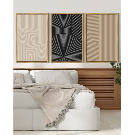 SHENIFY Modern Minimalist Wall Art 16x24in3pcs Natural Framed Abstract Line Wall Decor Geometric Artwork Bedroom Living Room