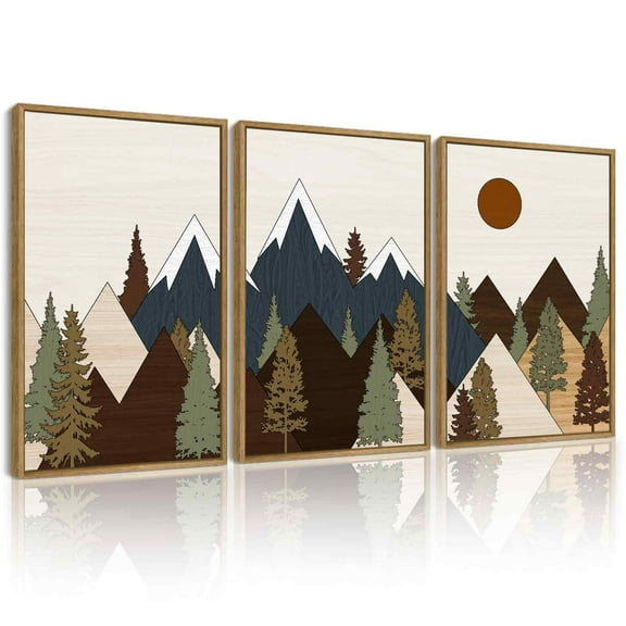 SHENIFY Morden Mountains Landscape Wall Art 16x24in3pcs Natural Framed Boho Pine Tree Forest Nature Boho Decor Artwork Prints Rustic farmhouse Bedroom