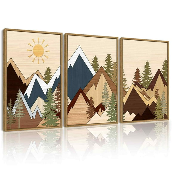 SHENIFY Morden Mountains Pine Tree Forest Wall Art 16x24in3pcs Natural Framed Sunrise Boho Nature Landscape Decor Artwork Prints Rustic Hallway Bedroom