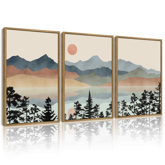 SHENIFY Mountain Range Landscape Wall Art 16x24in3pcs Natural Framed Ink Wash Watercolor Nature Laker Sun Rises Decor Artwork Prints Rustic Living Room Bedroom