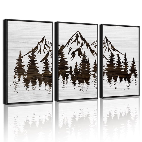 SHENIFY Mountains Tree Wall Art 16x24in3pcs Black Framed Boho White Forest Nature Landscape Artwork Painting Morden Country Woodcut Wood Wall Decor