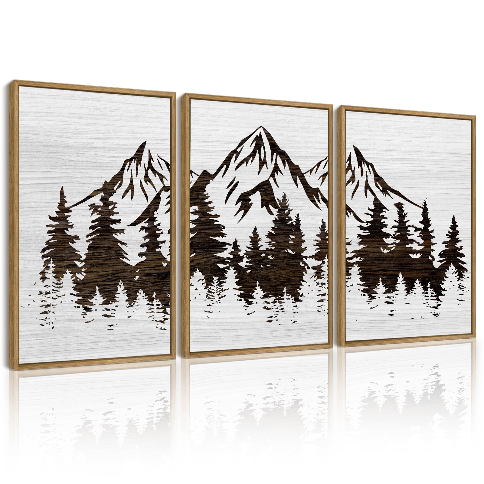 SHENIFY Mountains Tree Wall Art 16x24in3pcs Natural Framed Boho White Forest Nature Landscape Artwork Painting Morden Country Woodcut Wood Wall Decor Rustic Home Decor