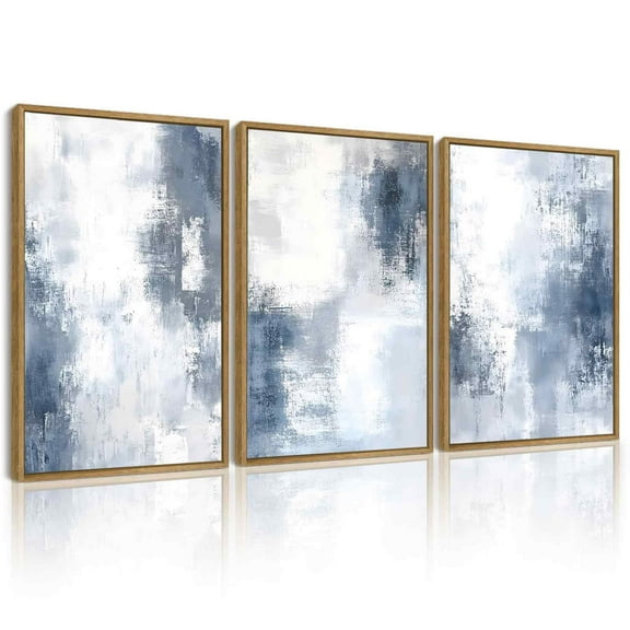 SHENIFY Navy Blue and Gray Abstract Canvas Wall Art 16x24in3pcs Natural Framed Brush Strokes Block Shape Pastel Decor Artwork Prints Rustic farmhouse Bedroom