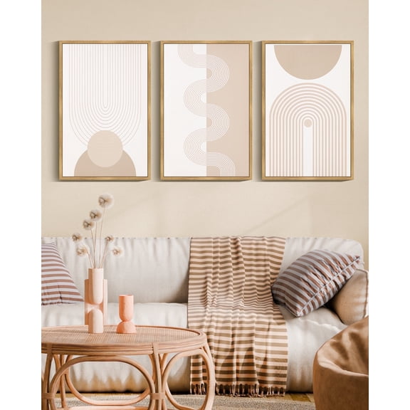 SHENIFY Pink Boho Wall Art Wood Geometric Duotone Tan Spiral Waves Shapes Abstract Minimalist Bohemian Bedroom Wall Decor Canvas Prints for Living Room 16x24in3pcs FRAMED