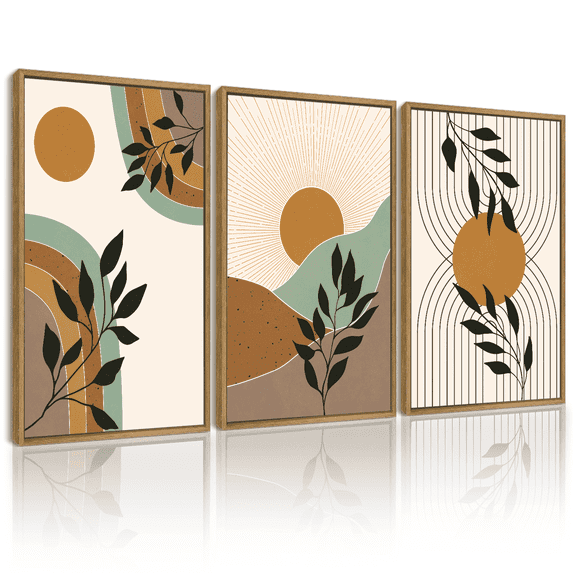 SHENIFY Sage Plant Botanical Wall Printing Boho Wall Art 16x24in3pcs Natural Framed Minimalist Bohemain Abstract Canvas Prints with Leaf & Sun Lines