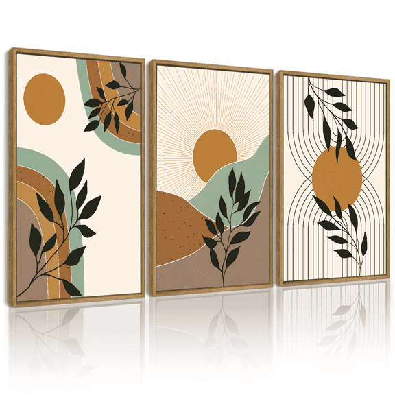 SHENIFY Sage Plant Botanical Wall Printing Boho Wall Art Minimalist Bohemain Abstract Canvas Prints with Leaf & Sun Lines 11x14in3pcs Natural Framed