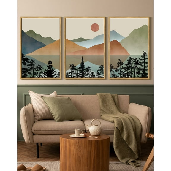 SHENIFY Set Lake Sunrise Pine Tree Forest Landscape Mountain Wall Art 16x24in3pcs Natural Framed Nature Scenry Wilderness Farmhouse Rustic Modern Art Decorative for Living Room Bedroom