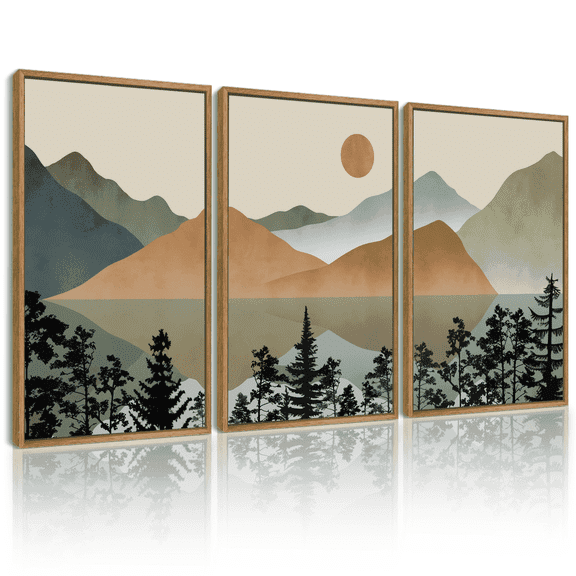 SHENIFY Set Lake Sunrise Pine Tree Forest Landscape Mountain Wall Art Nature Scenry Wilderness Farmhouse Rustic Modern Art Decorative for Living Room Bedroom 11x14in3pcs Natural Framed