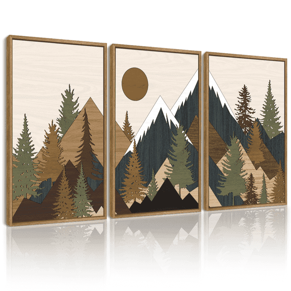 SHENIFY Set Sunrise Pine Tree Forest Nature Scenry Wilderness Landscape Mountain Wall Art 16x24in3pcs Natural Framed Farmhouse Rustic Modern Art Decorative for Living Room Bedroom