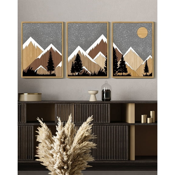 SHENIFY Set Sunrise Pine Tree Forest Nature Scenry Wilderness Landscape Mountain Wall Art Farmhouse Rustic Modern Art Decorative 11x14in3pcs Natural Framed