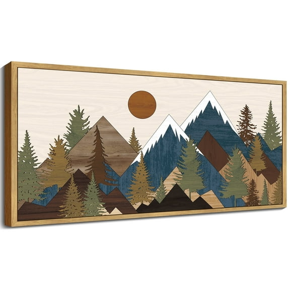 SHENIFY Set Sunrise Pine Tree Forest Nature Scenry Wilderness Landscape Mountain Wall Art Farmhouse Rustic Modern Art Decorative for Living Room Bedroom 8x16in Natural Framed