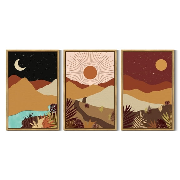 SHENIFY Set Watercolor Sunrise Boho Landscape Wall Art 16x24in3pcs Natural Framed Mountain Range Forest Desert Nature Wilderness Farmhouse Rustic Modern Art Decorative