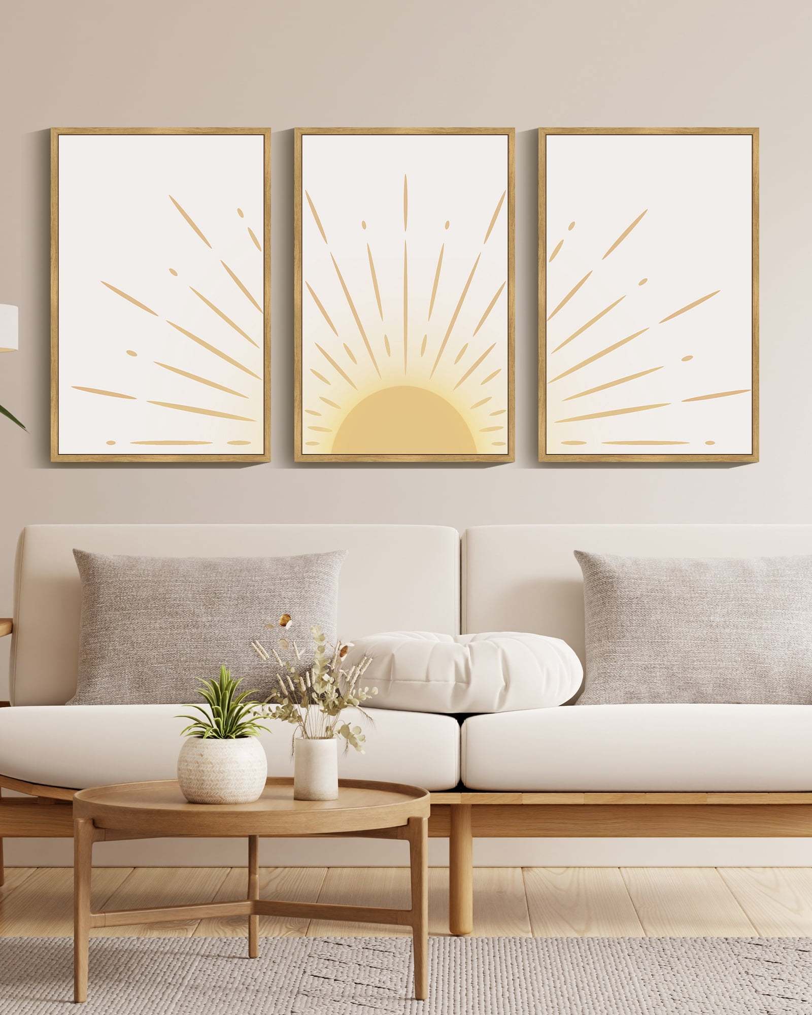 SHENIFY Sun Wall Art Framed Wood Canvas Boho Wall Art Sun Rising On The Horizon Nature Line Art Mid-Century Modern Prints Boho Sun Wall Decor for Living Room, Bedroom 16x24in3pcs FRAMED