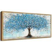 SHENIFY Tree Wall Art Blue Nature Tree of Life Abstract Wall Art Modern Large Panoramic Landscape Artwork Living Room Bedroom Home Decor 8x16in Natural Framed