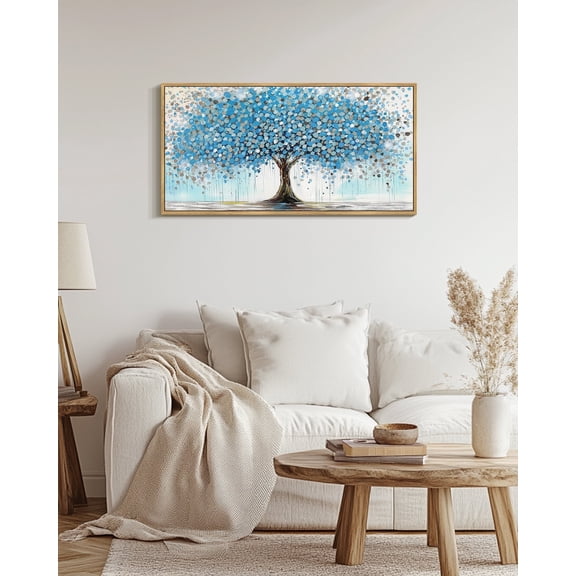 SHENIFY Tree Wall Decor Blue Nature Tree of Life Abstract Wall Art 20x40in Natural Framed Modern Large Panoramic Landscape Artwork Living Room Bedroom Home Office Decor