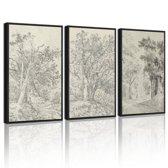 SHENIFY Vintage Tree Wall Art 16x24in3pcs Black Framed Retro Forest Paints Nature Wilderness Sketch Wall Painting Modern Landscape Decor