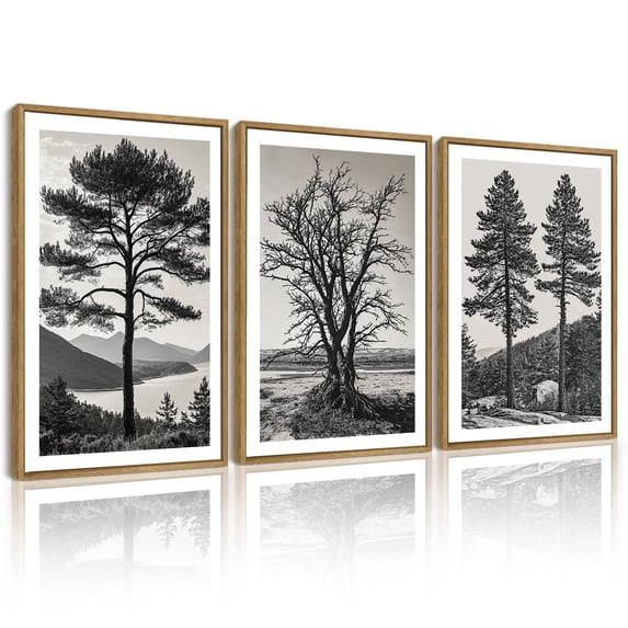 SHENIFY Vintage Tree Wall Art 16x24in3pcs Natural Framed Black and White Retro Antique Forest Drawings Nature Wilderness Sketch Wall Painting Modern Bedroom Decor