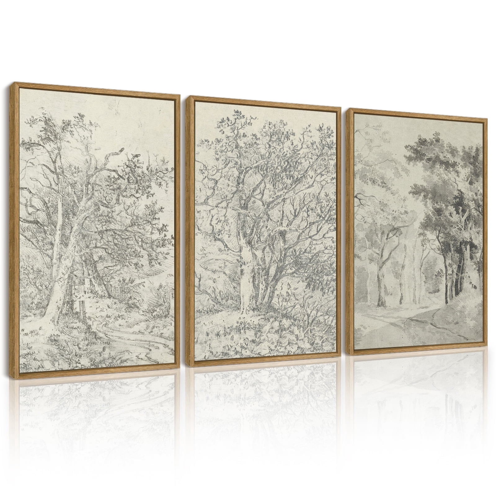 SHENIFY Vintage Tree Wall Art 16x24in3pcs Natural Framed Retro Forest Paints Nature Wilderness Sketch Wall Painting Modern Landscape Decor