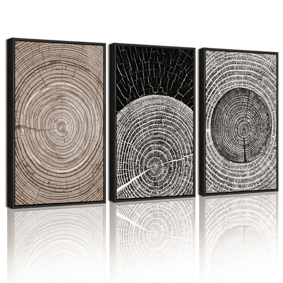 SHENIFY Vintage Wood Tree Rings Wall Art 16x24in3pcs Black Framed Farmhouse Rustic Canvas Paintings Living Room Bedroom Decor Nature Artwork