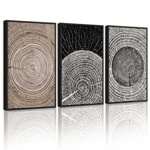 SHENIFY Vintage Wood Tree Rings Wall Art 16x24in3pcs Black Framed Farmhouse Rustic Canvas Paintings Living Room Bedroom Decor Nature Artwork