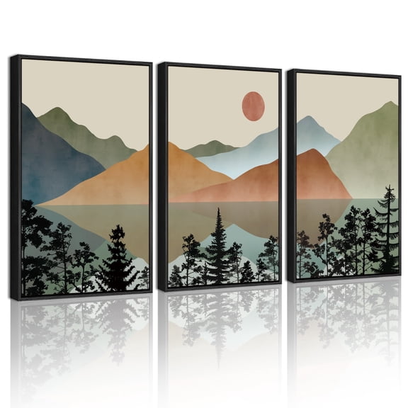 SHENIFY Watercolor Mountain Wall Art 16x24in3pcs Black Framed Nature Laker Landscape Painting Sun Rises Boho Farmhouse Rustic Room Decor